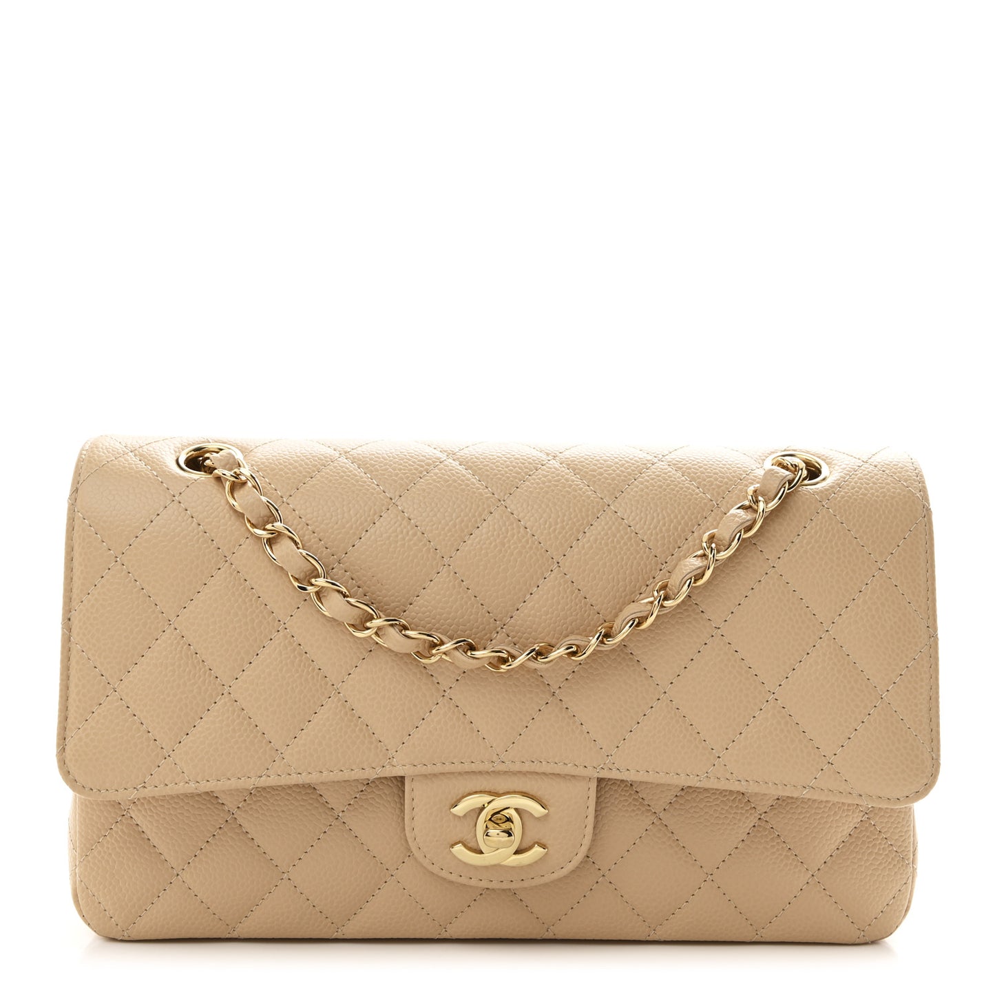 Caviar Quilted Medium Double Flap Beige