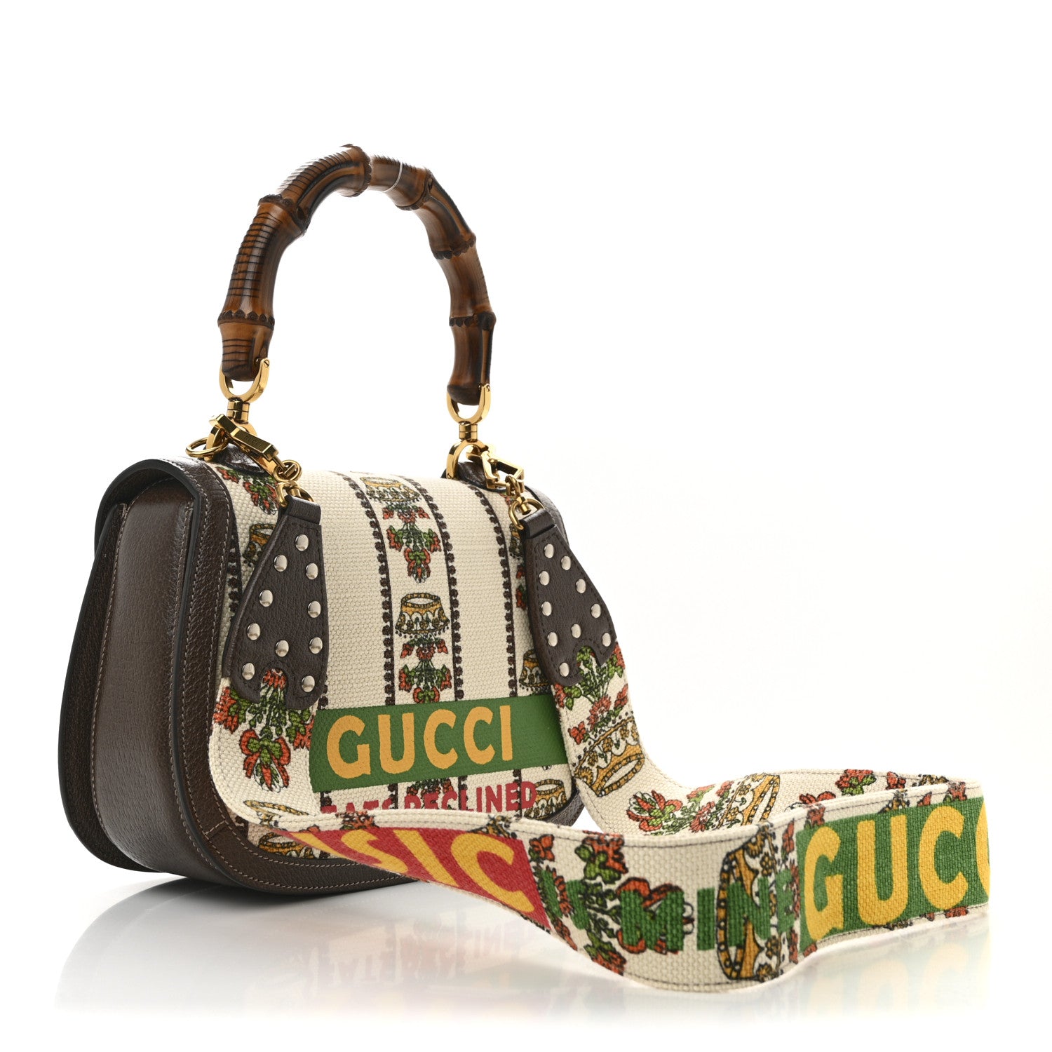 Gucci Canvas Calfskin 100 Centennial Music Medium Bamboo 1947 Top Handle Bag Multicolor 3 of 11