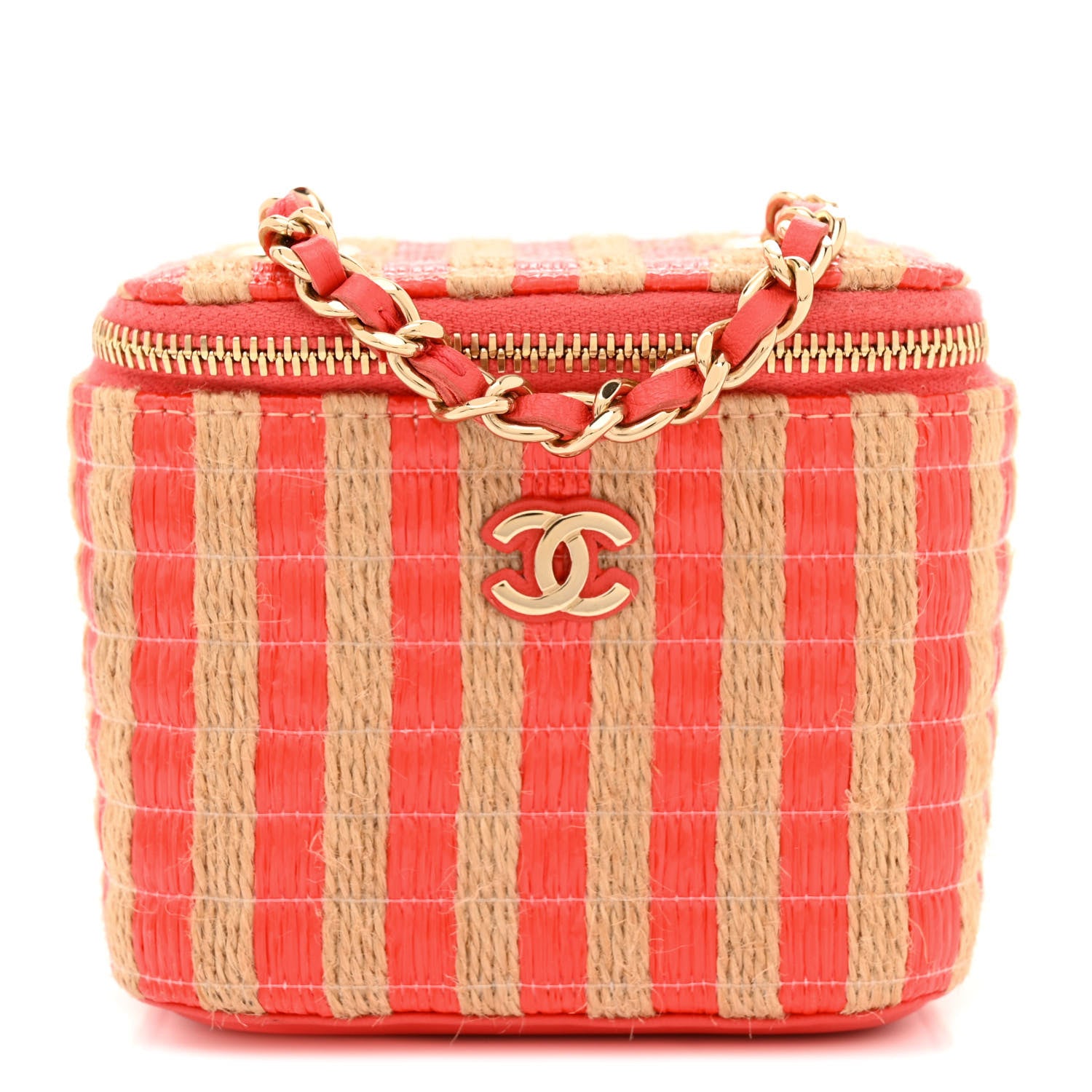 Chanel Raffia Jute Striped Mini Vanity Case With Chain Red Beige 1 of 10
