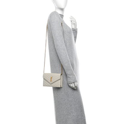 Saint Laurent Grain De Poudre Matelasse Chevron Monogram Envelope Chain Wallet Crema Soft 2 of 14