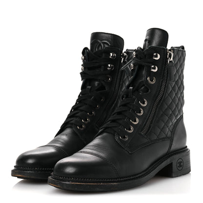 Chanel Calfskin Quilted Lace Up Combat Boots 37.5 Black 4 of 15