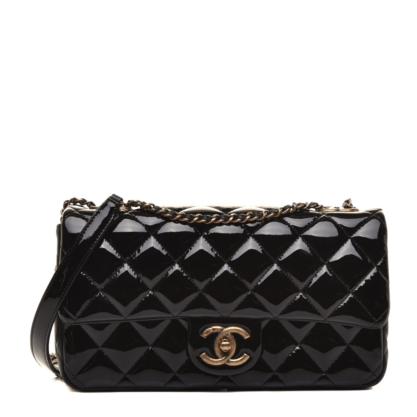 Patent Goatskin Quilted Medium CC Eyelet Flap Black