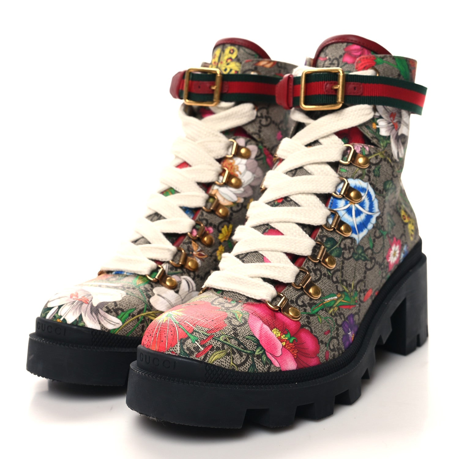 Gucci GG Supreme Monogram Flora Lace Up Combat Ankle Boots 39 Beige Multicolor Red 3 of 8