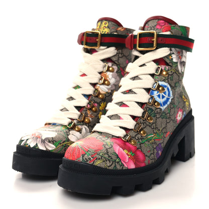 Gucci GG Supreme Monogram Flora Lace Up Combat Ankle Boots 39 Beige Multicolor Red 3 of 8