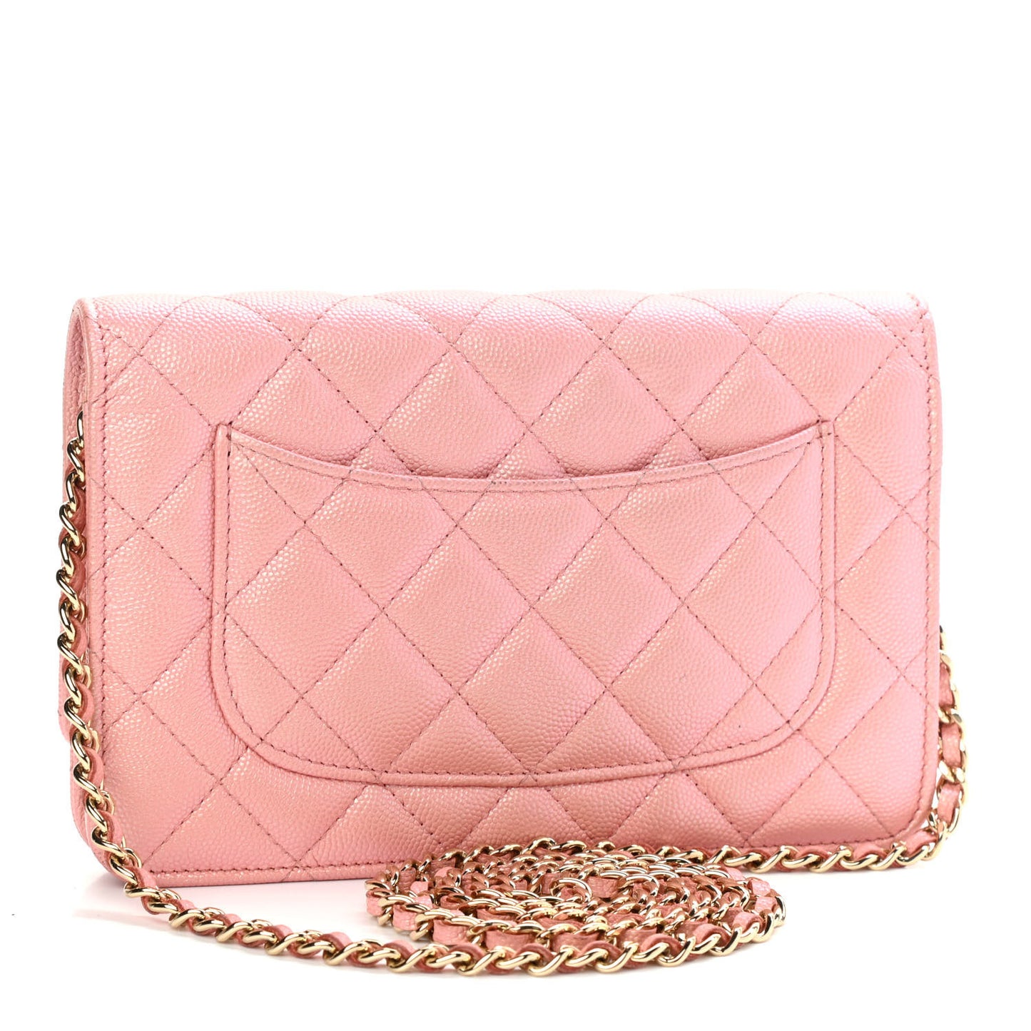 Iridescent Caviar Quilted Wallet on Chain WOC Rose Pink