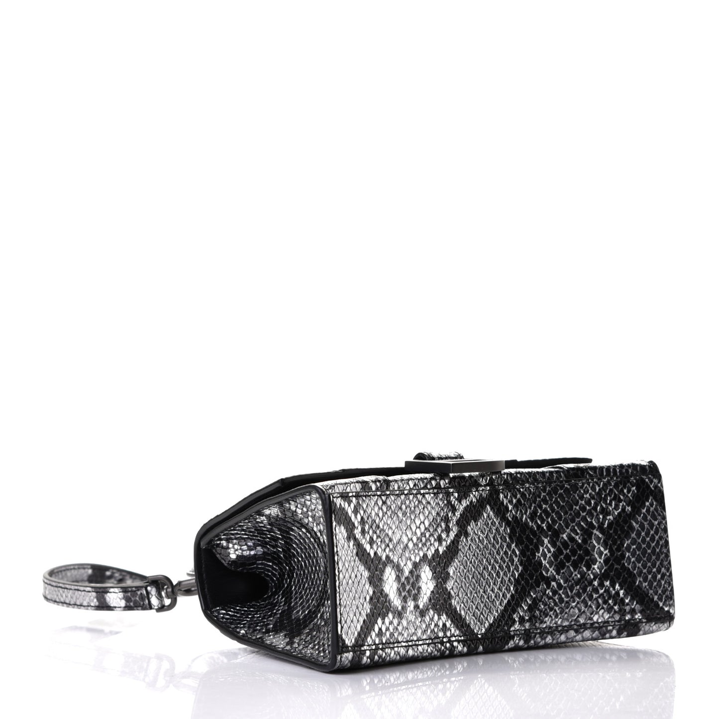 Shiny Calfskin Snakeskin Embossed Hourglass Top Handle Bag XS Silver Black