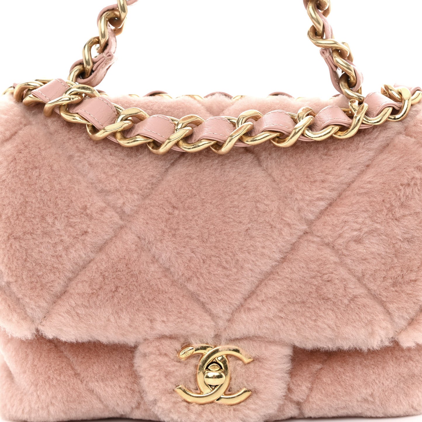 Shearling Lambskin Quilted Small Chain Top Handle Flap Pink