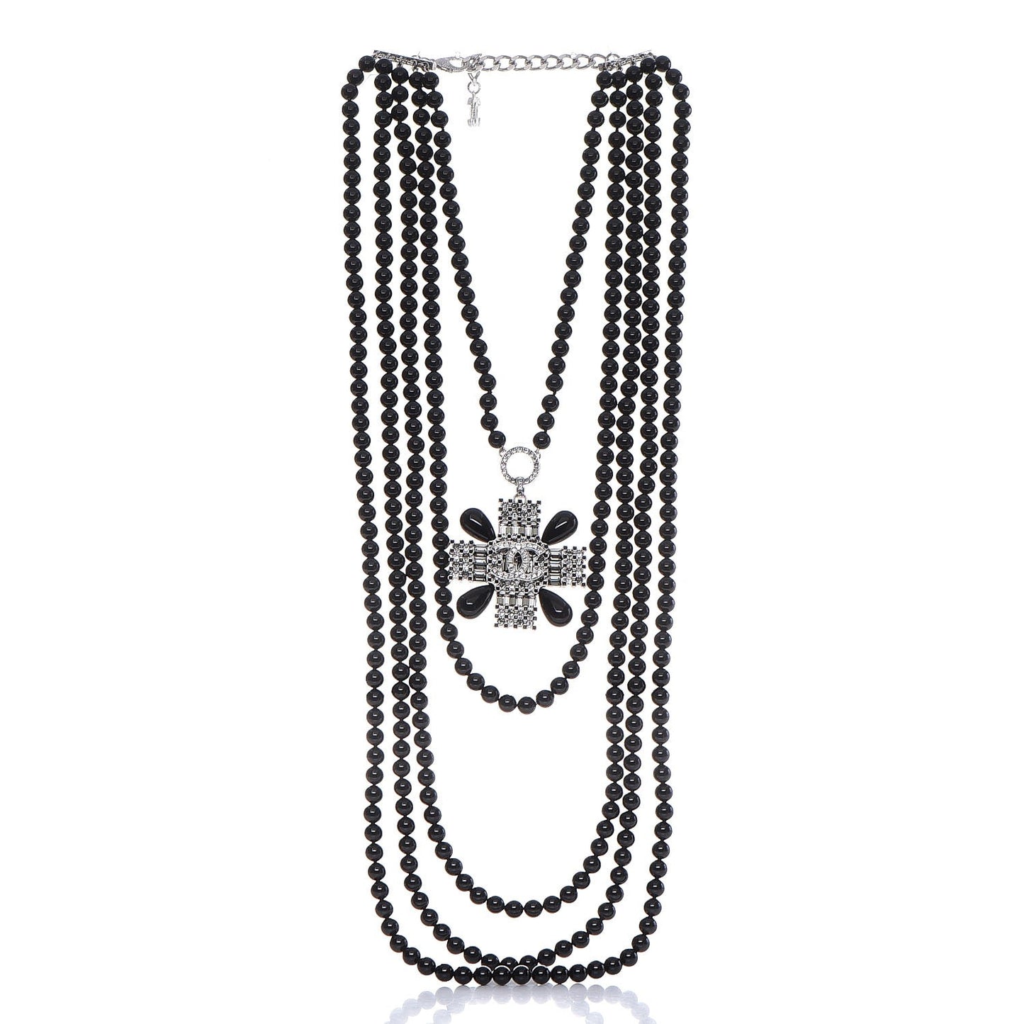 Bead Crystal Multi Strand CC Cross Necklace Black