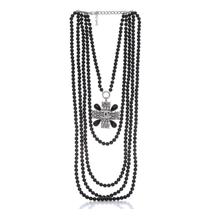 Chanel Bead Crystal Multi Strand CC Cross Necklace Black 1 of 7