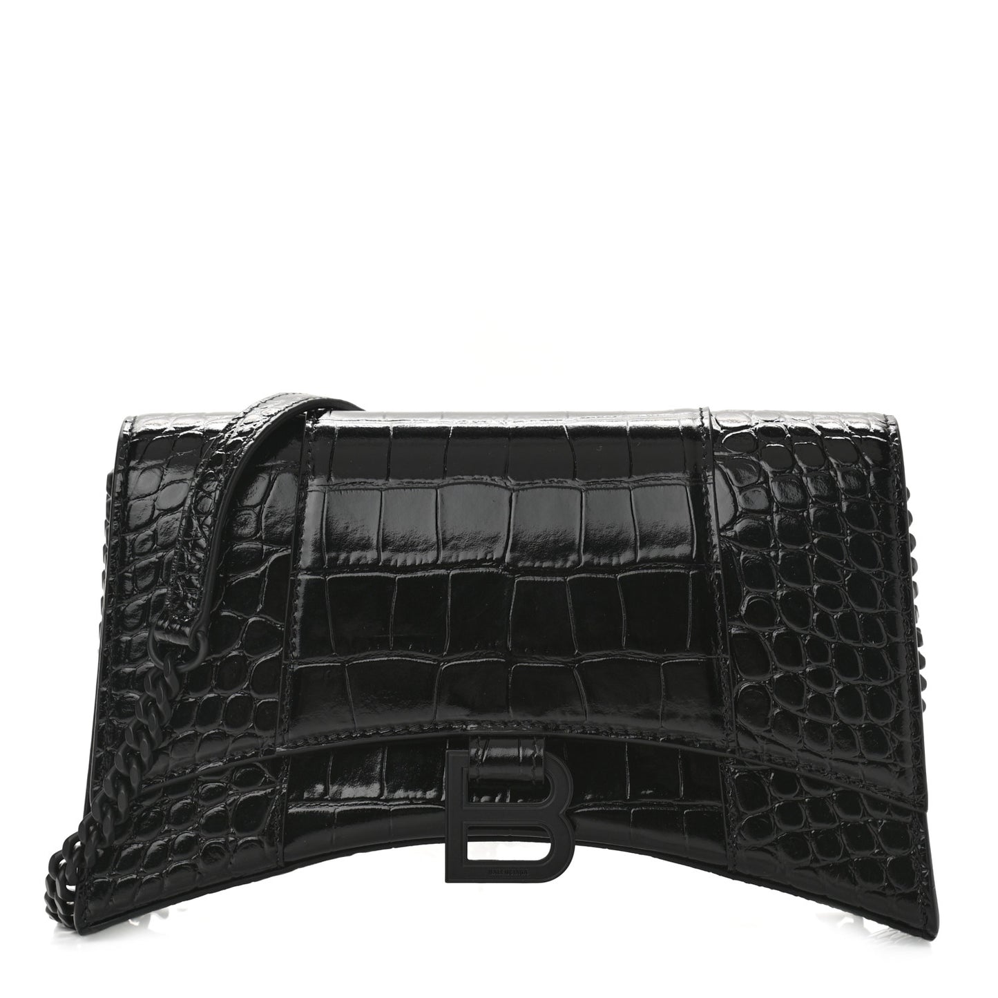 Shiny Calfskin Monochrome Crocodile Embossed Small Hourglass Evening Chain Bag Black