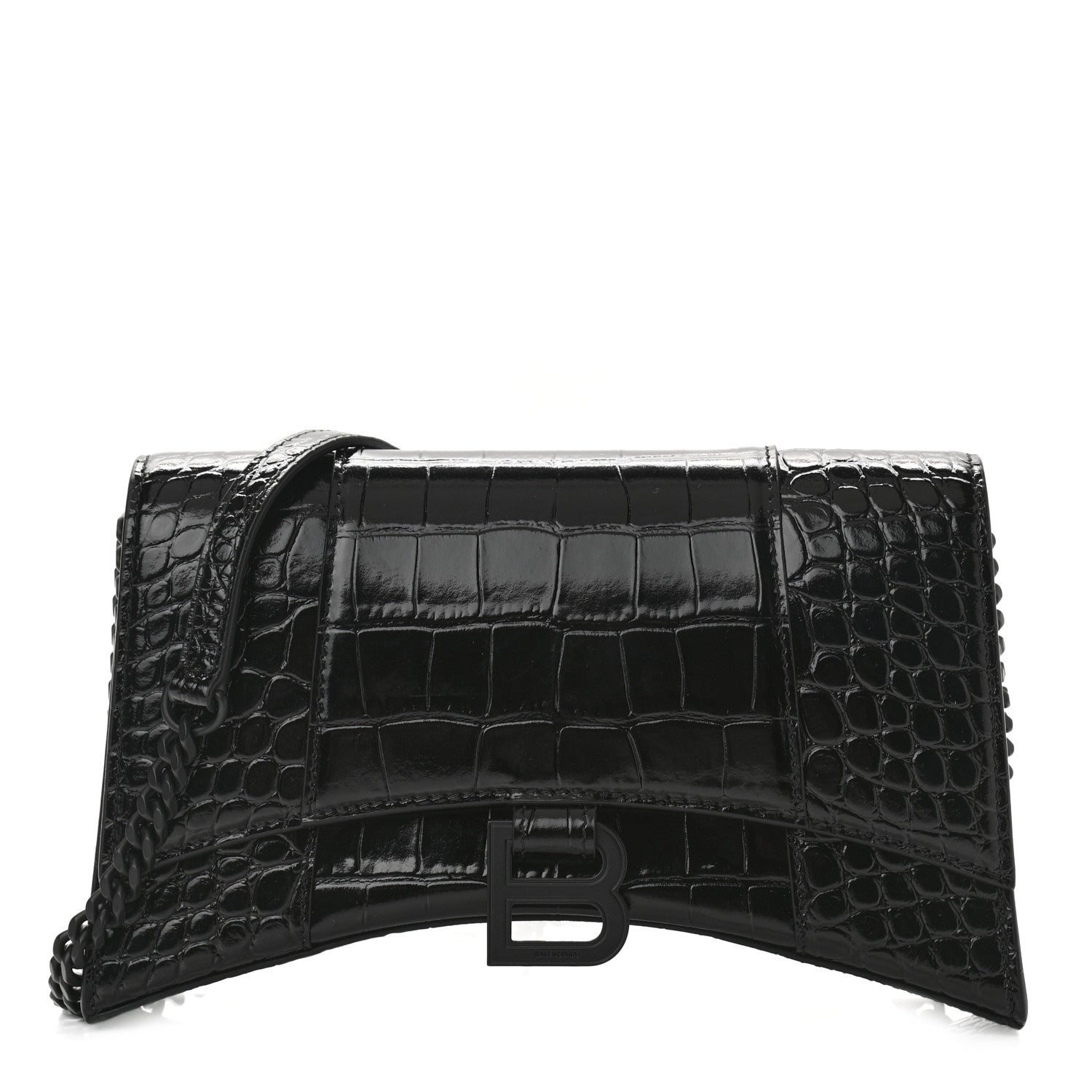 Balenciaga Shiny Calfskin Monochrome Crocodile Embossed Small Hourglass Evening Chain Bag Black 1 of 9