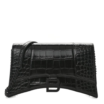 Balenciaga Shiny Calfskin Monochrome Crocodile Embossed Small Hourglass Evening Chain Bag Black 1 of 9