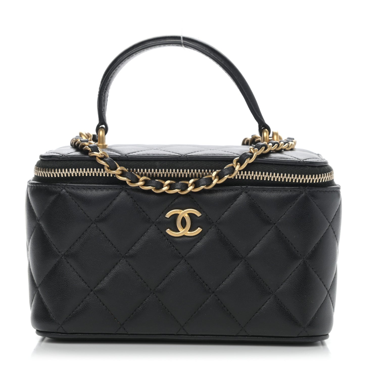 Lambskin Quilted Small Top Handle Vanity Case With Chain Black