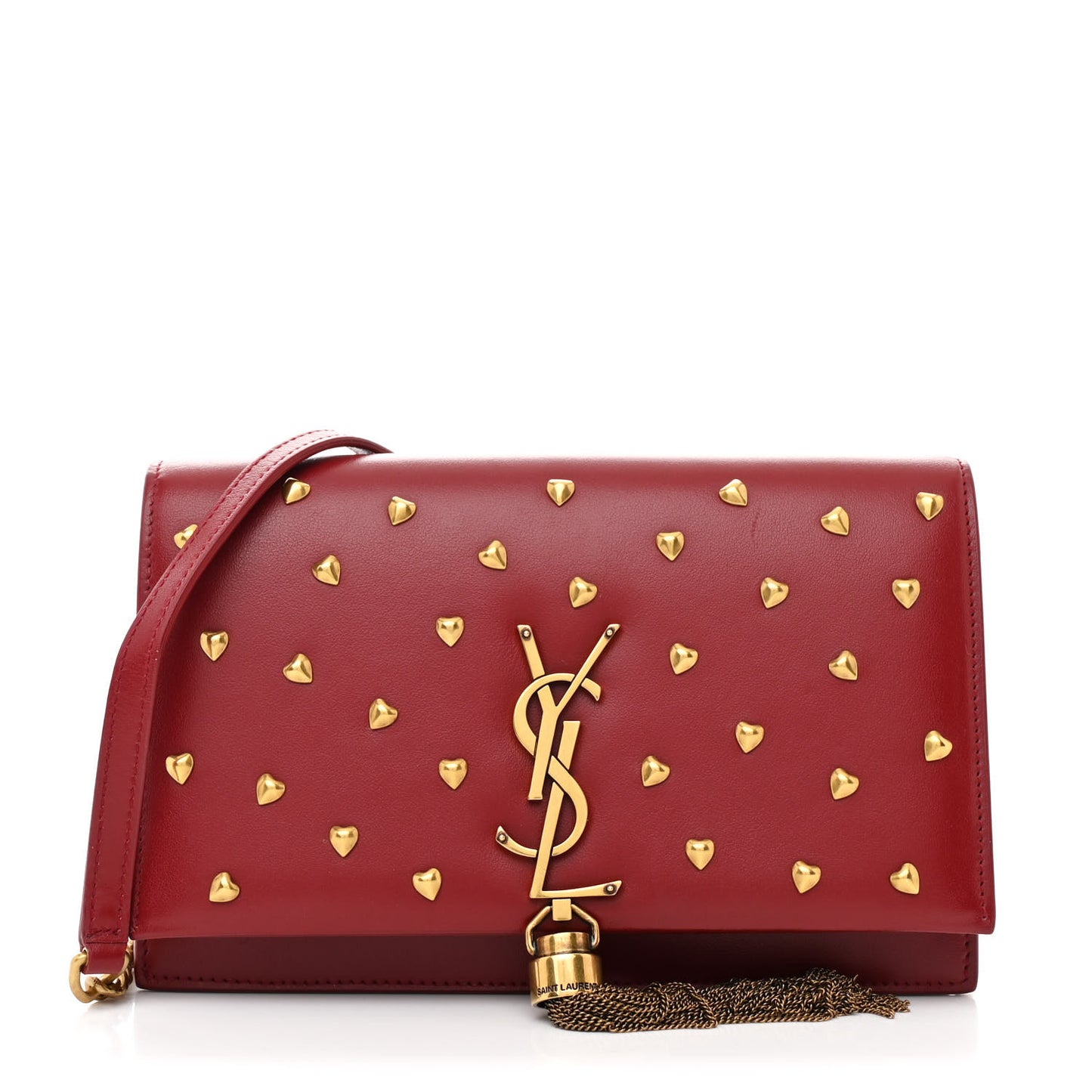Calfskin Heart Studded Classic Monogram Kate Tassel Chain Wallet Red
