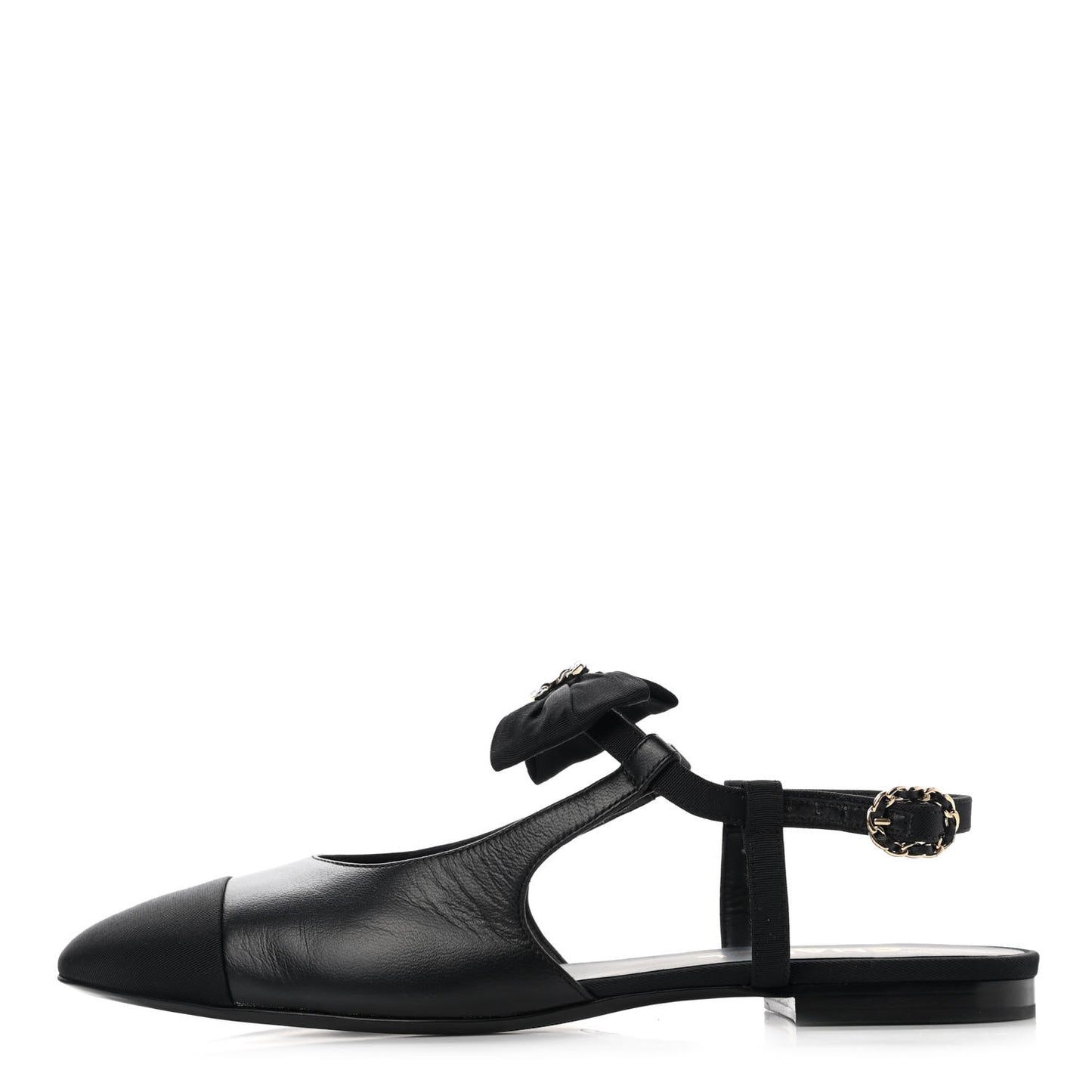 Lambskin Grosgrain Crystal Chain CC Logo Bow Slingback Flats 40.5 Black