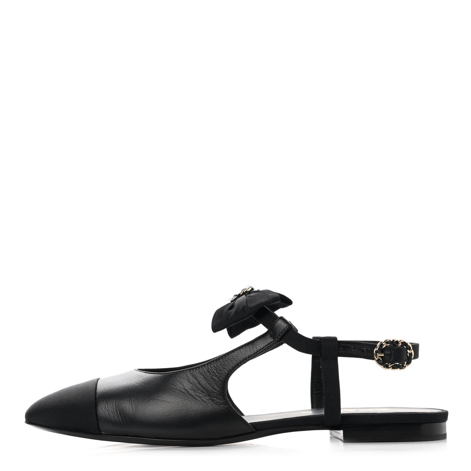 Chanel Lambskin Grosgrain Crystal Chain CC Logo Bow Slingback Flats 40.5 Black 1 of 10