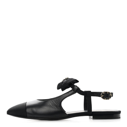 Chanel Lambskin Grosgrain Crystal Chain CC Logo Bow Slingback Flats 40.5 Black 1 of 10