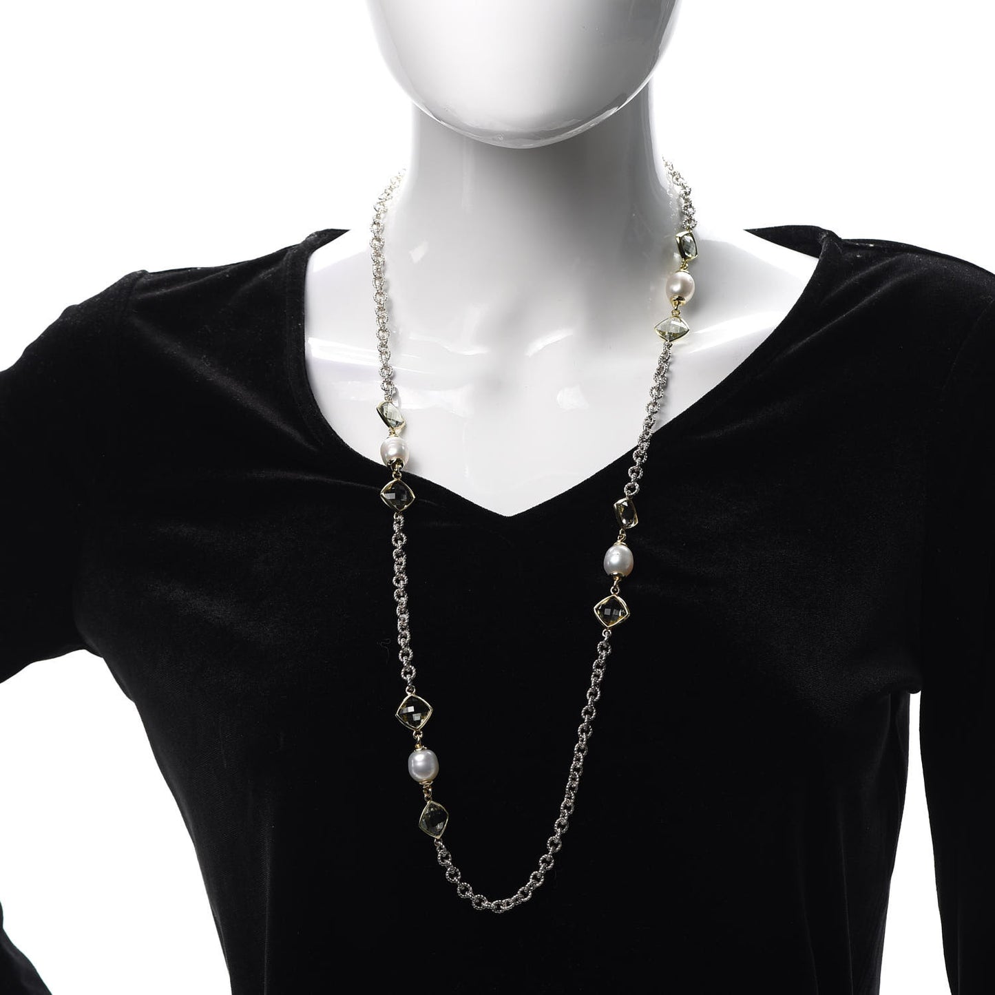Sterling Silver 18K Yellow Gold Prasiolite Pearl Figaro Chain Necklace