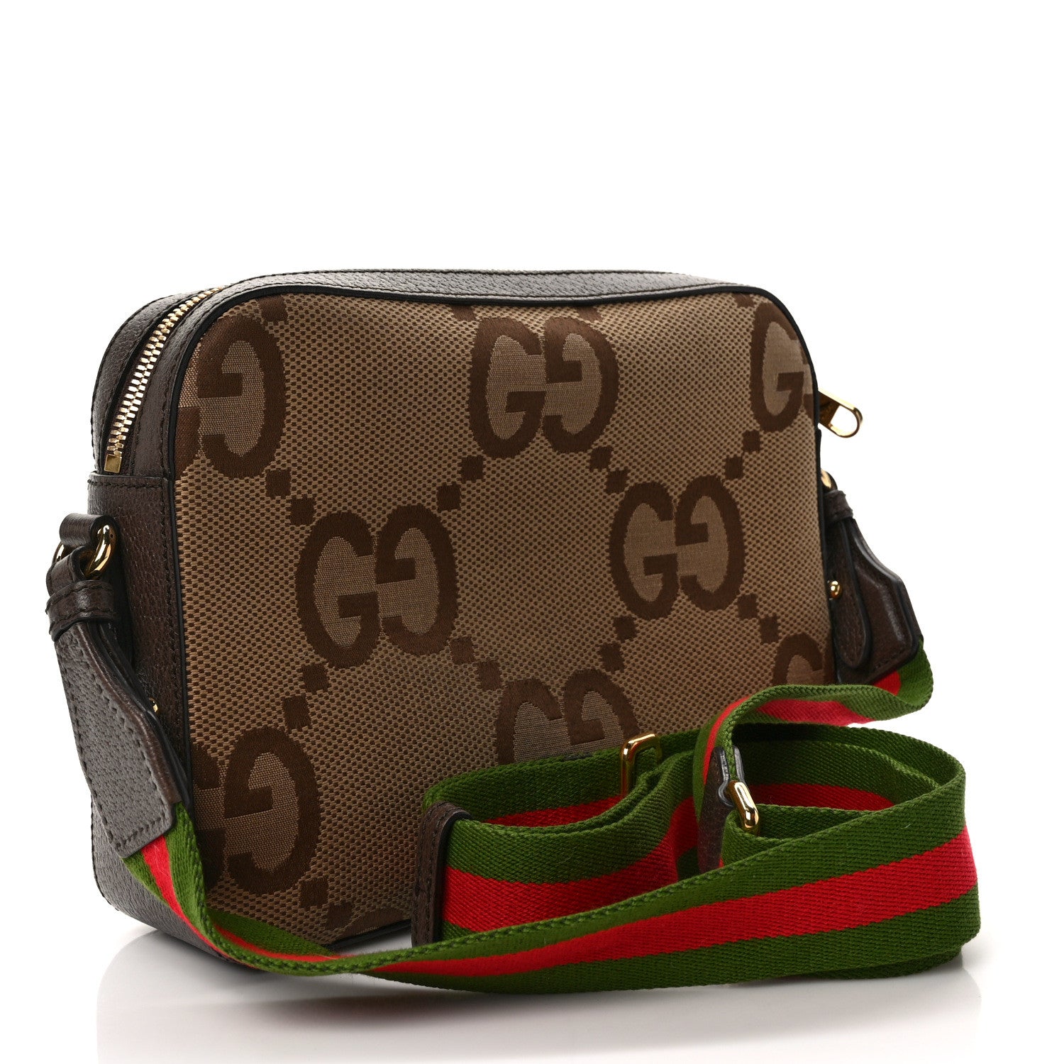Gucci Monogram Jumbo GG Textured Dollar Calfskin Web Messenger Shoulder Bag Camel Ebony New Acero 3 of 9