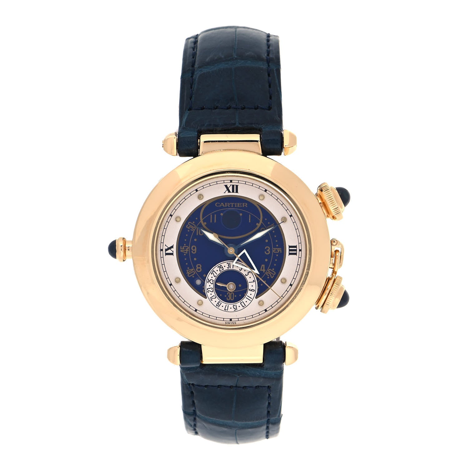 Cartier 18K Yellow Gold Alligator 38mm Pasha C Moonphase Alarm Quartz Watch Blue 1 of 5