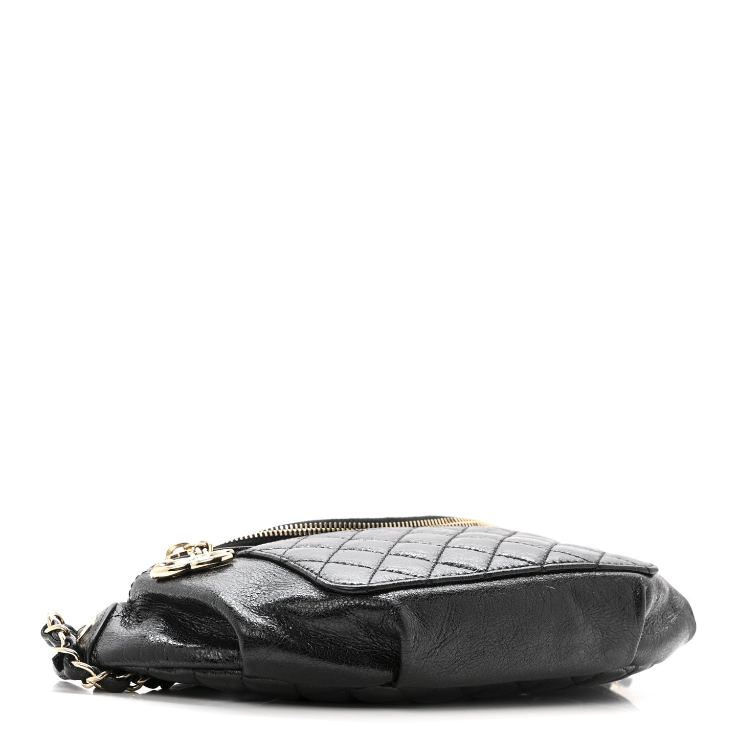 Crumpled Glazed Lambskin Quilted Waist Bag Fanny Pack Black