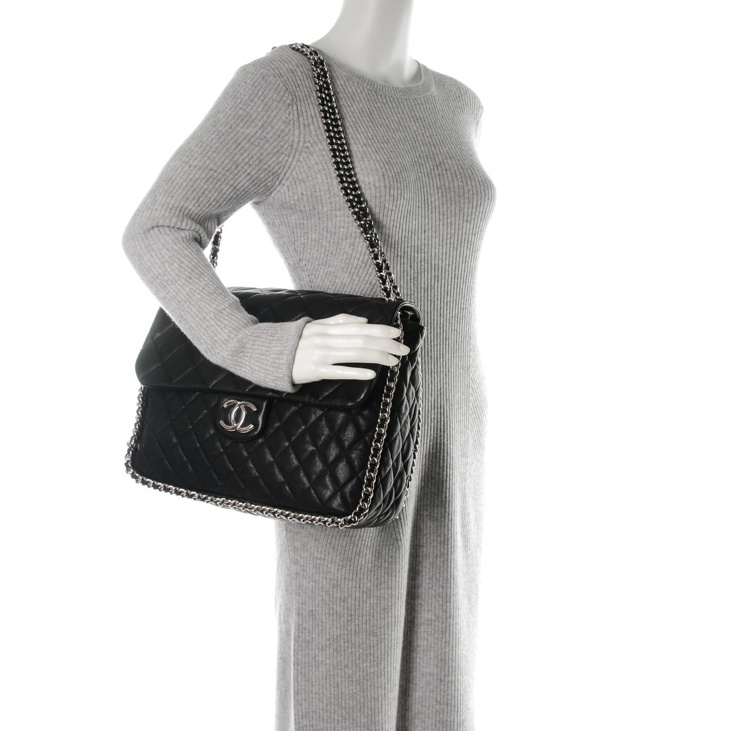 Washed Lambskin Quilted Maxi Chain Around Flap Black