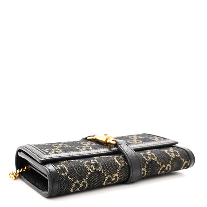 Gucci Jacquard Black Denim GG Monogram Textured Dollar Calfskin Jackie 1961 Chain Wallet Black Ivory 4 of 10