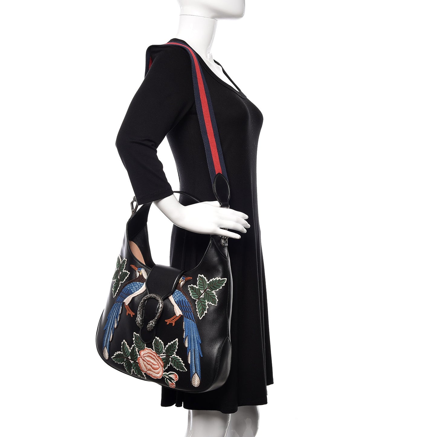 Calfskin Web Garden Collection Embroidered Medium Dionysus Hobo Black