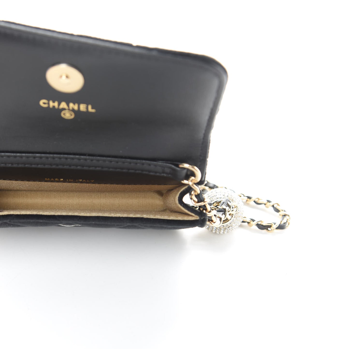 Velvet Quilted Pearl Crush Flap With Chain Black