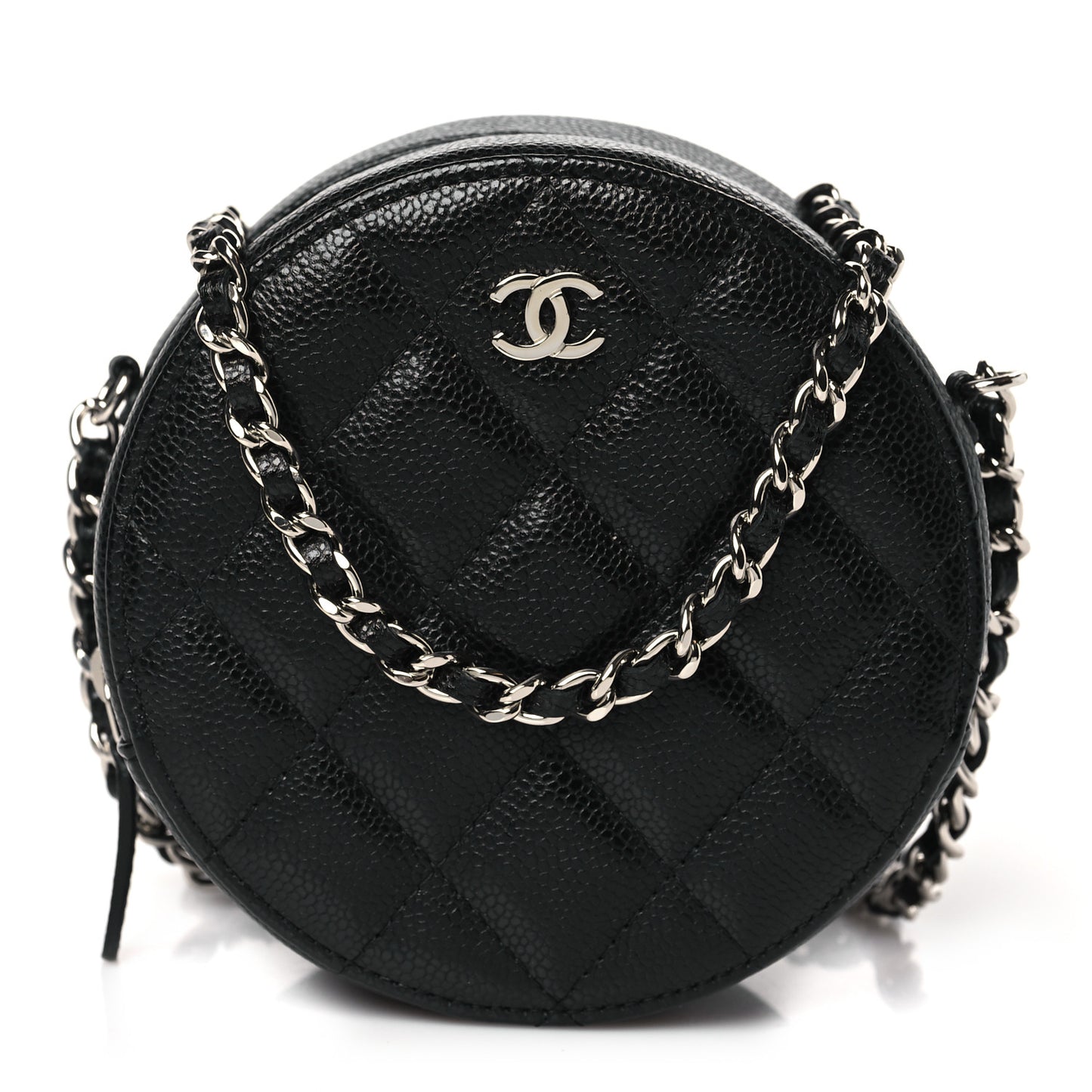Caviar Quilted Round Clutch With Chain Black
