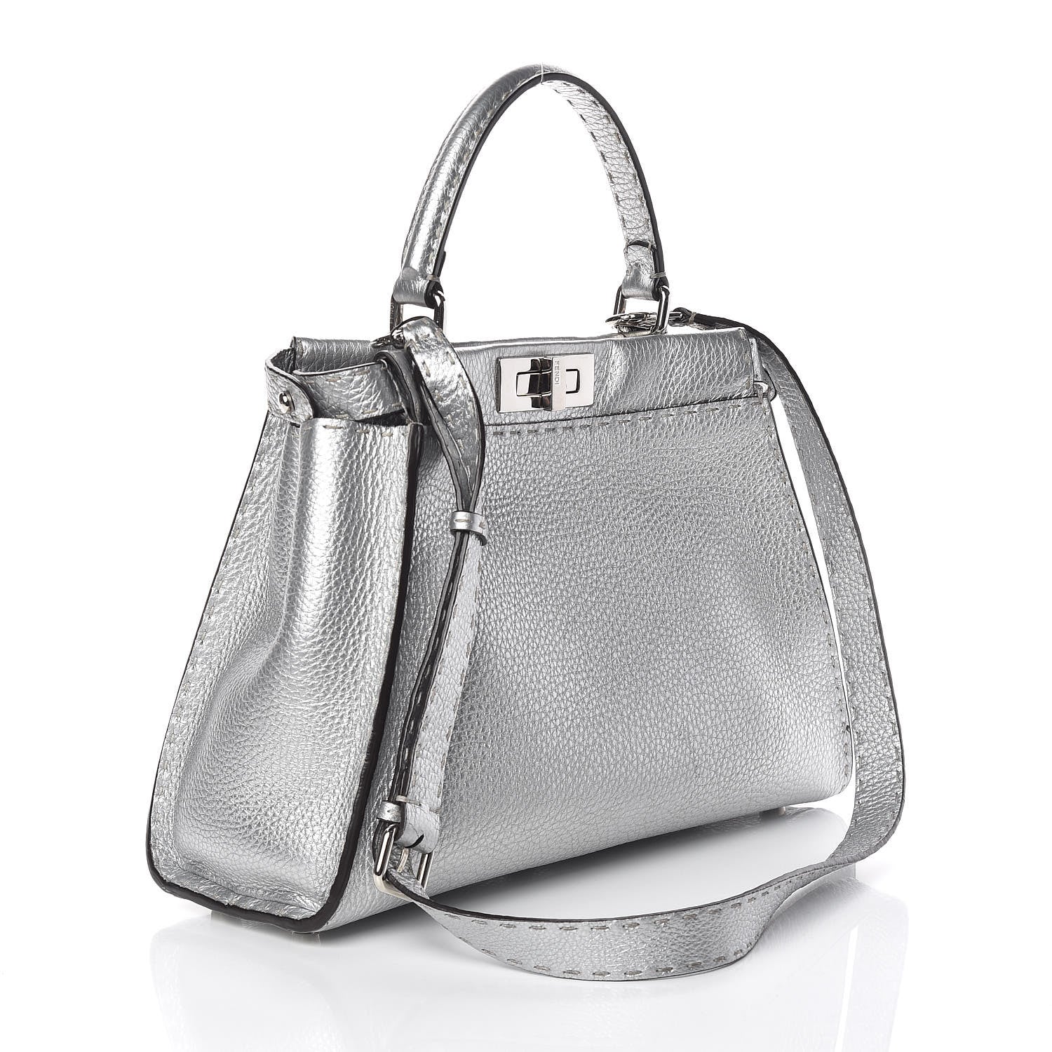 Fendi Cuoio Romano Lux Selleria Medium Peekaboo Iconic Satchel Argento 3 of 12
