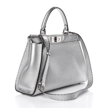 Fendi Cuoio Romano Lux Selleria Medium Peekaboo Iconic Satchel Argento 3 of 12
