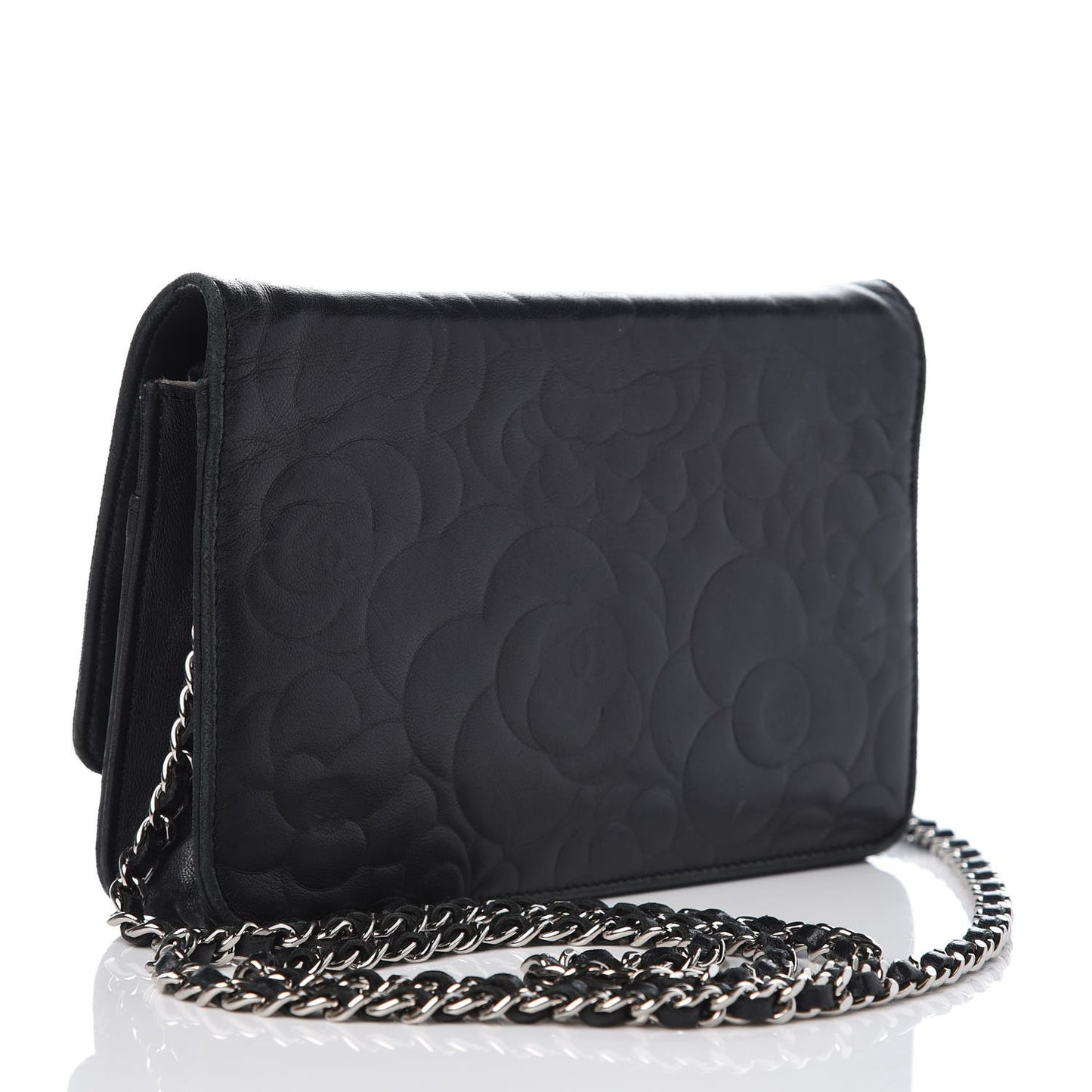 Lambskin Camellia Embossed Wallet On Chain WOC Black