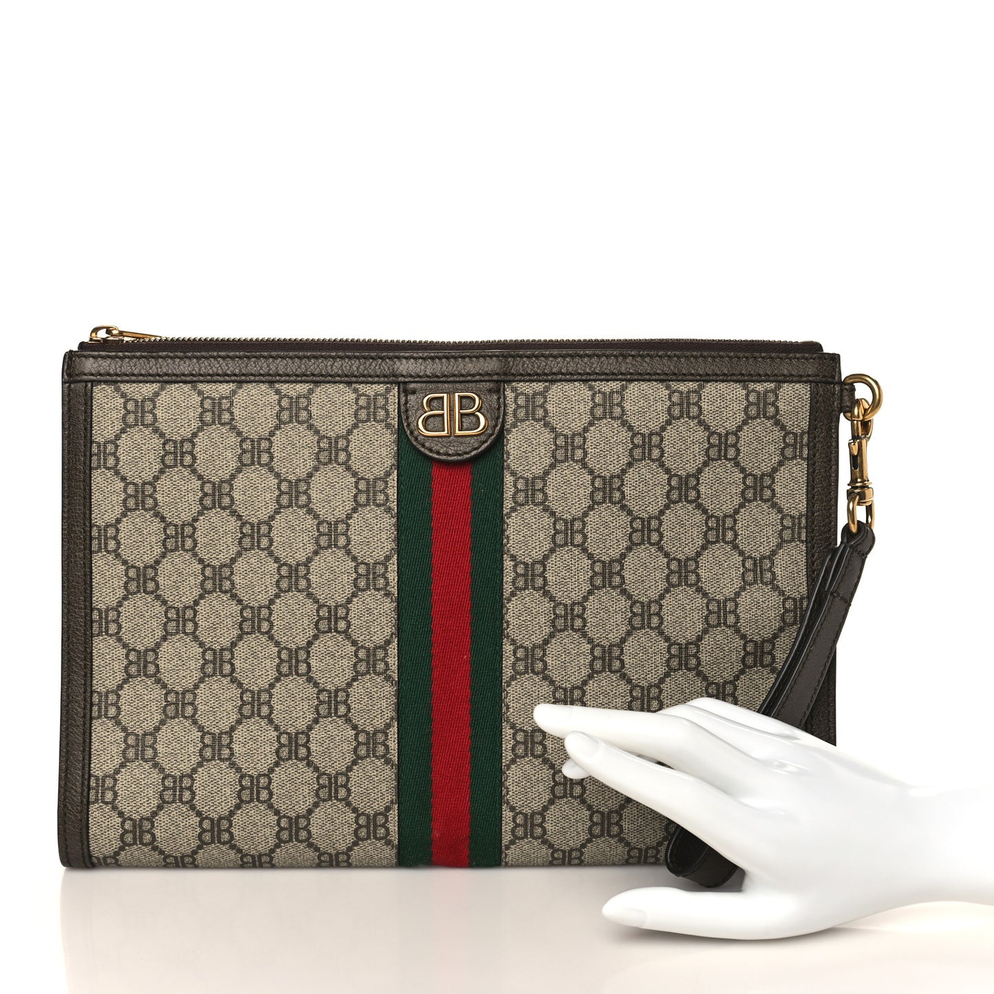 X BALENCIAGA BB Supreme Monogram Web Ophidia Wristlet Beige New Acero