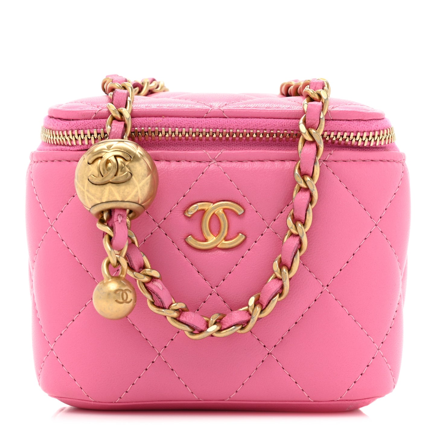 Lambskin Quilted Pearl Crush Mini Vanity Case With Chain Pink