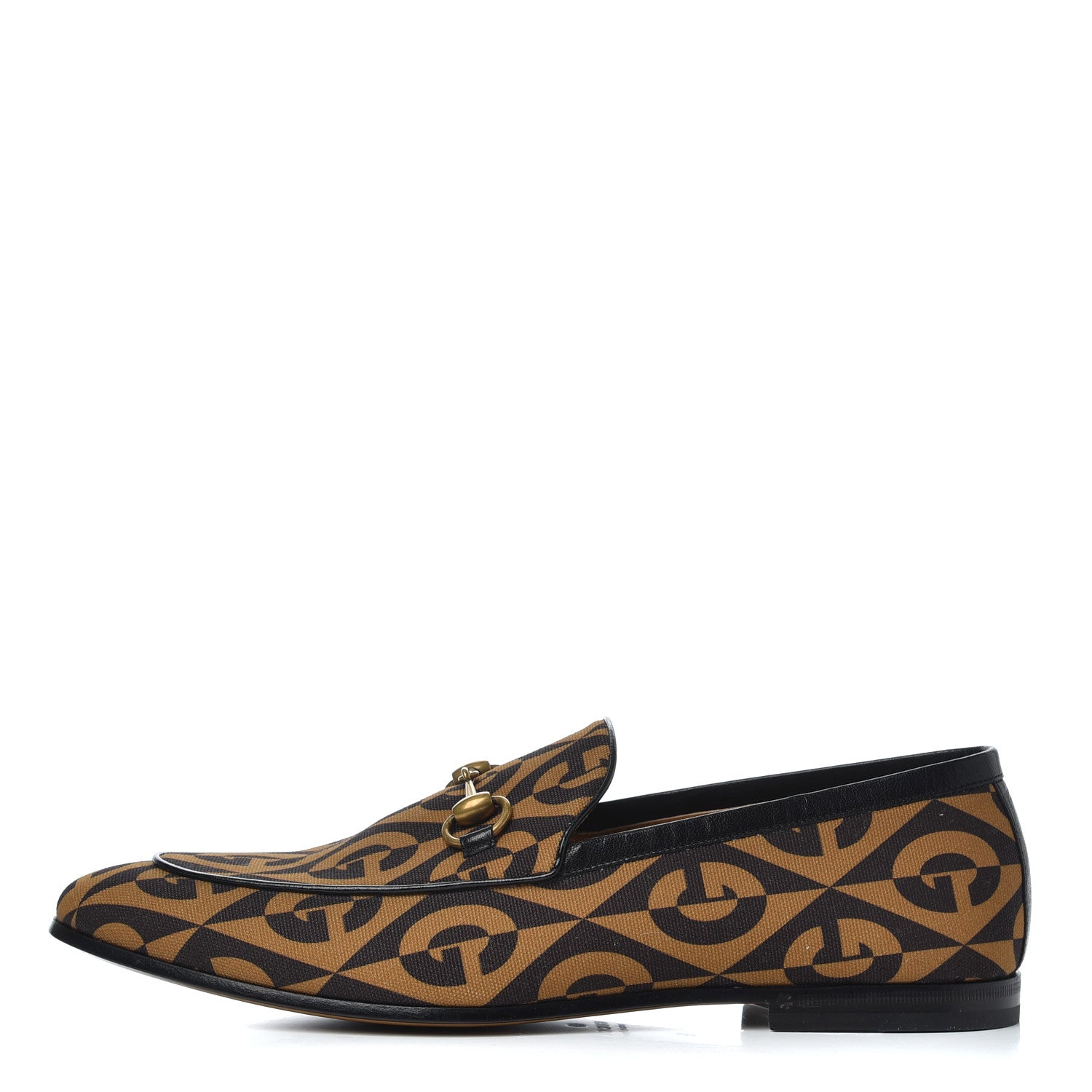 Gucci Canvas Rhombus Horsebit Mens Jordaan Loafers 9 Camel Brown Black 1 of 14