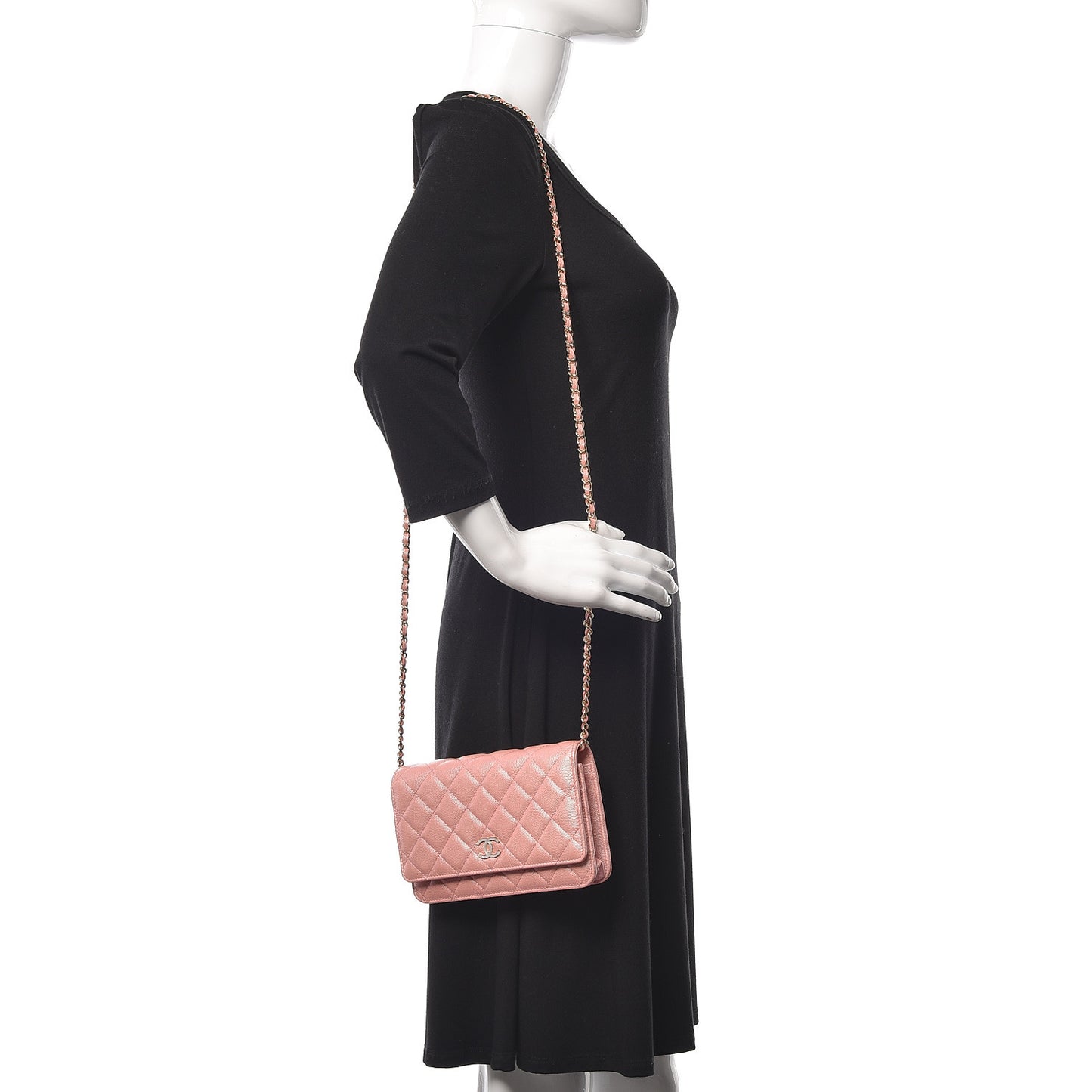 Iridescent Caviar Quilted Wallet on Chain WOC Rose Pink