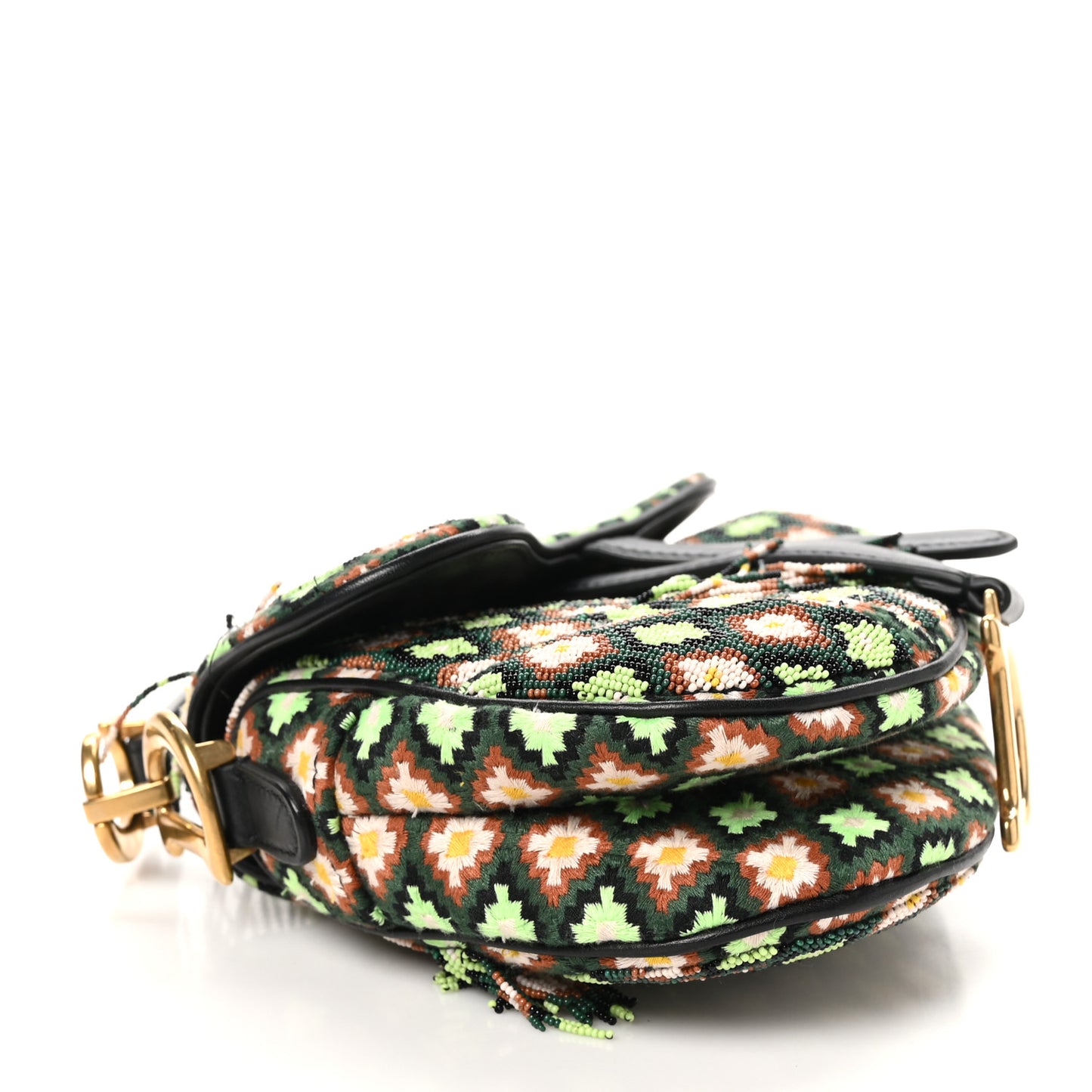 Beaded Fringe Mini Saddle Bag Green Multicolor