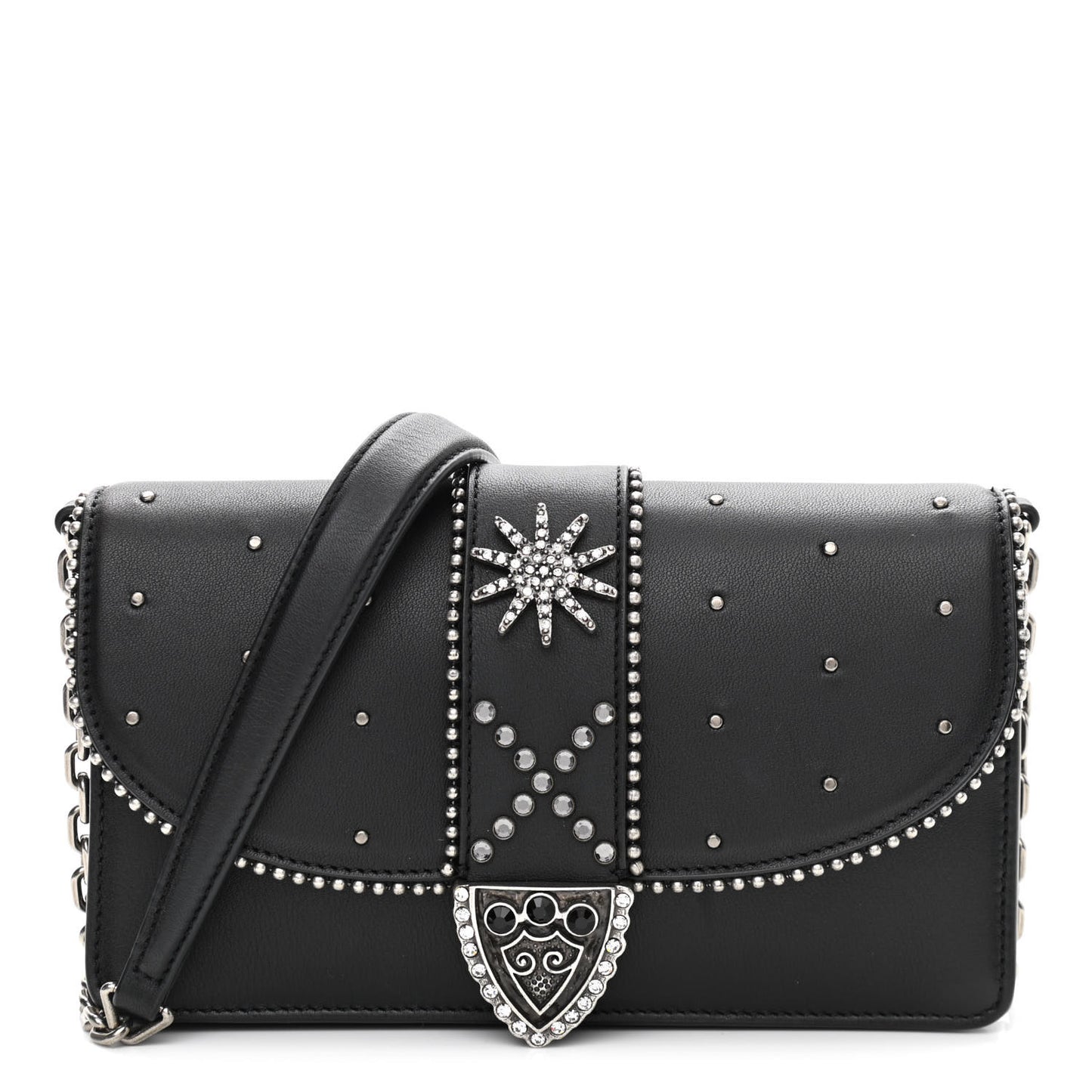 Smooth Calfskin Crystal Stud Embellished Clutch Chain Wallet Black