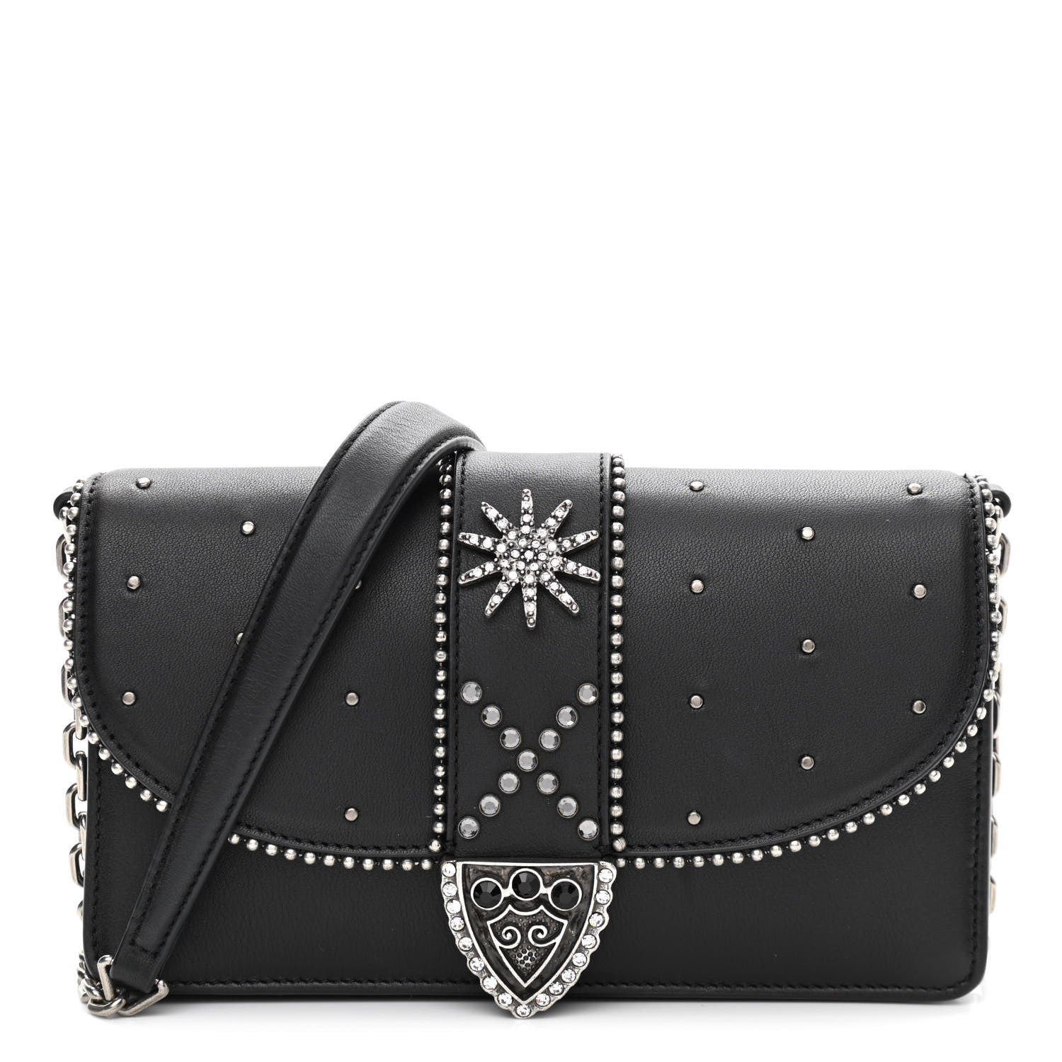 Marc Jacobs Smooth Calfskin Crystal Stud Embellished Clutch Chain Wallet Black 1 of 11