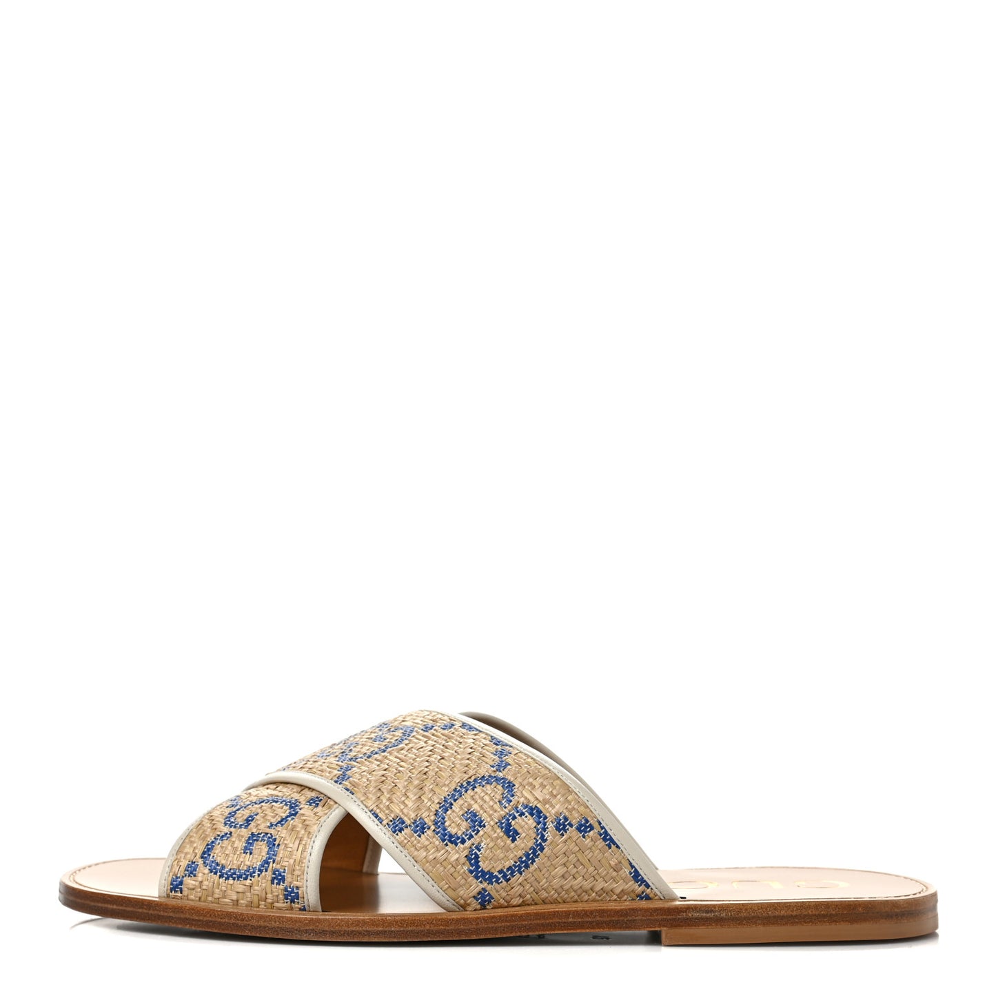 Raffia GG Monogram Ember Criss Cross Slide Sandals 12 Natural Royale Mystic White