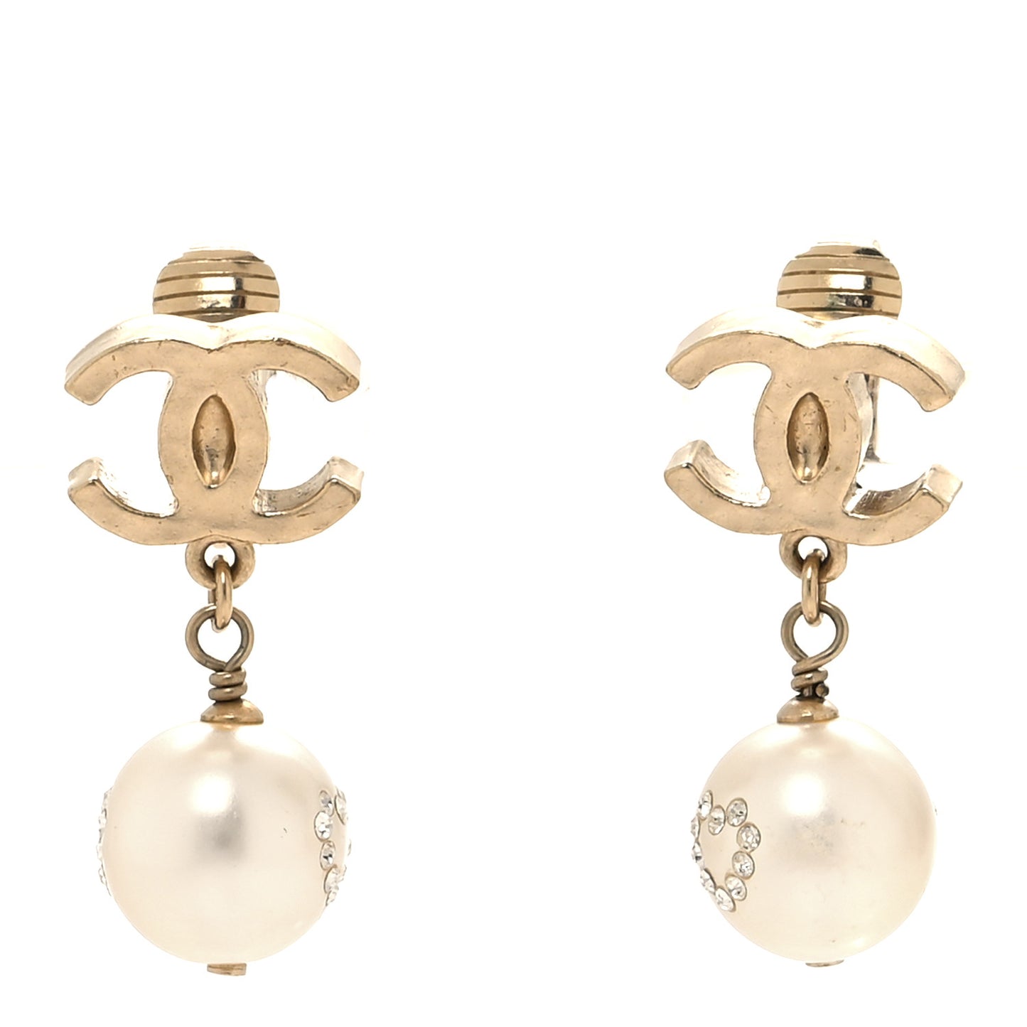 Pearl Crystal CC Heart Drop Clip On Earrings Gold White