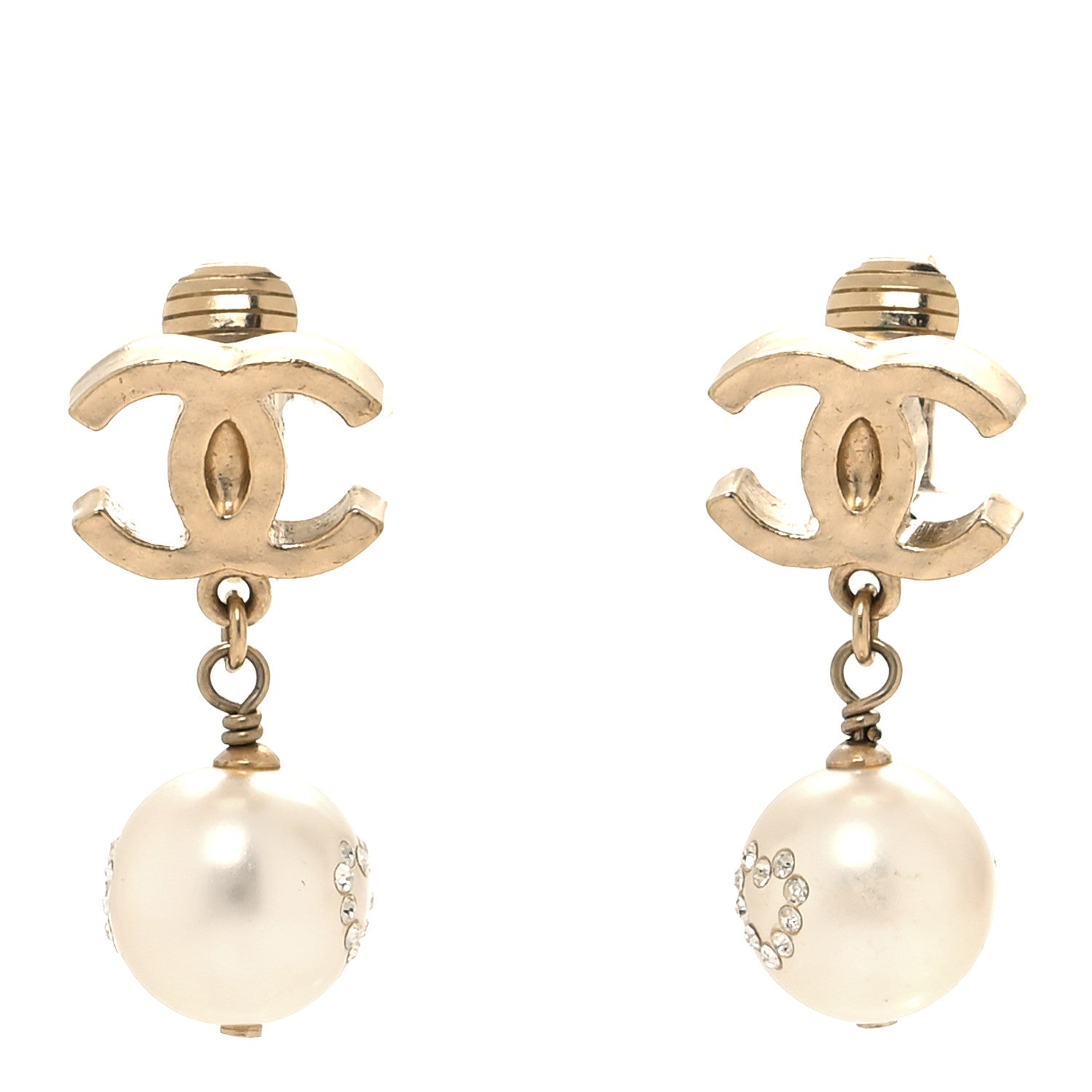 Chanel Pearl Crystal CC Heart Drop Clip On Earrings Gold White 1 of 4