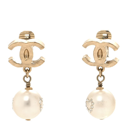 Chanel Pearl Crystal CC Heart Drop Clip On Earrings Gold White 1 of 4