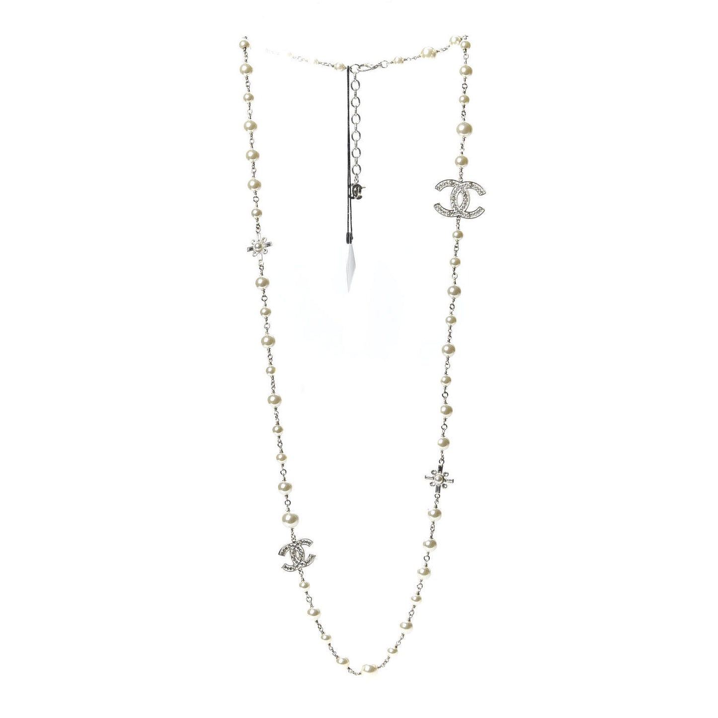 Crystal Pearl CC Long Necklace Silver