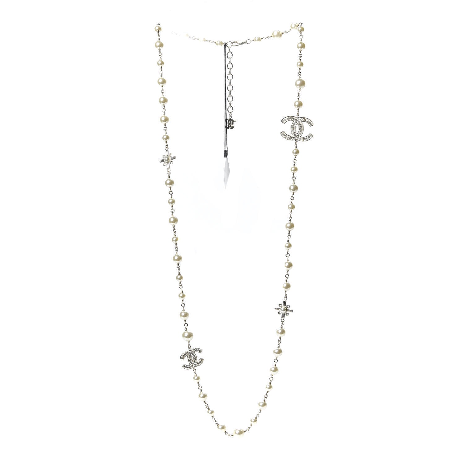 Chanel Crystal Pearl CC Long Necklace Silver 2 of 6