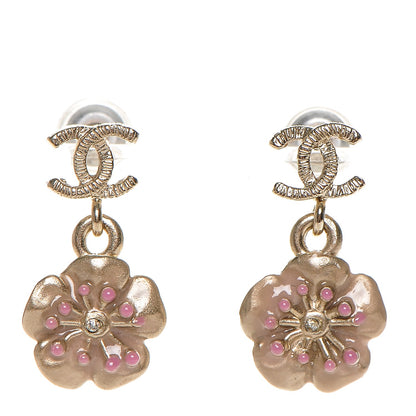 Chanel Enamel CC Camellia Drop Earrings Light Gold 1 of 4