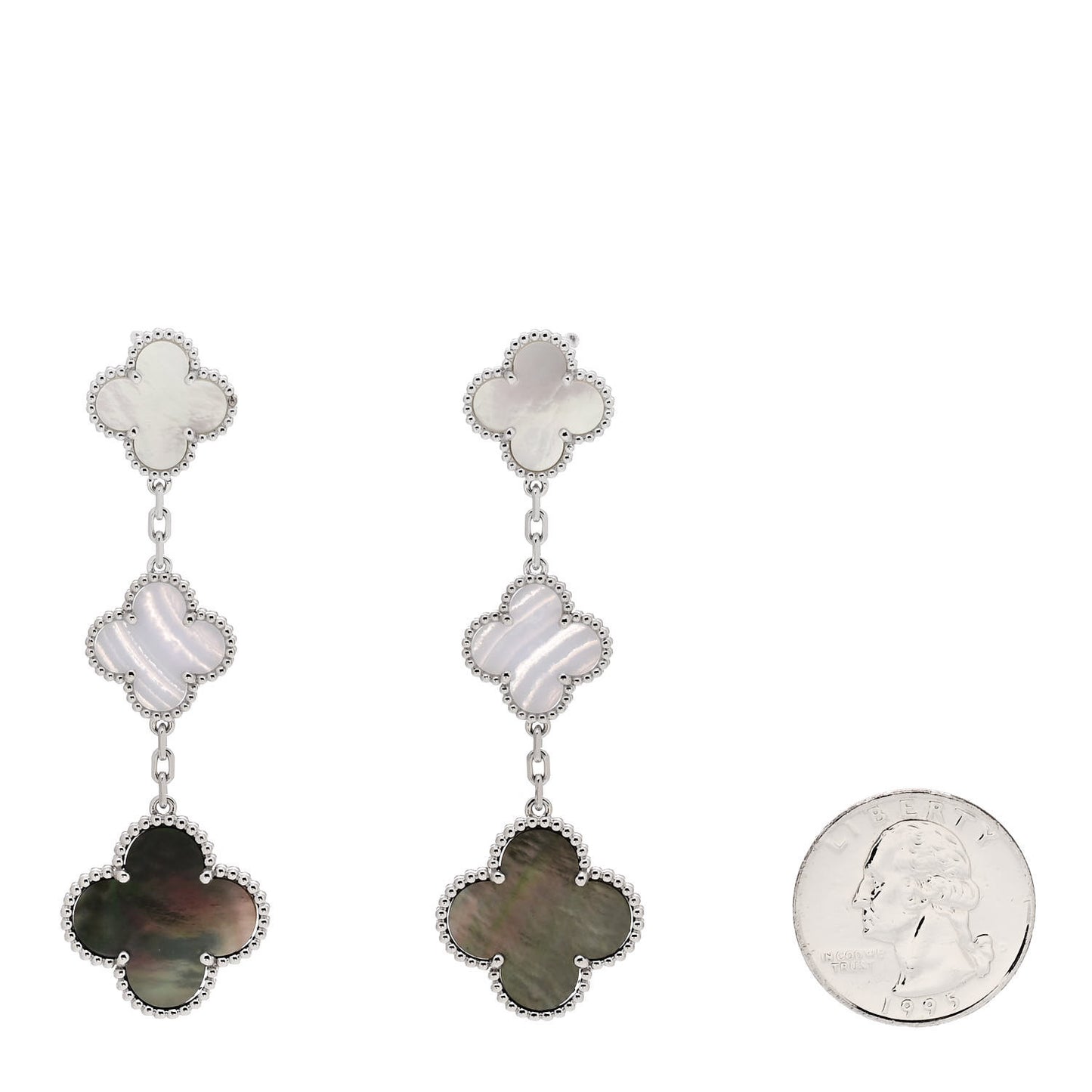 18K White Gold Mother of Pearl Chalcedony 3 Motifs Magic Alhambra Earrings