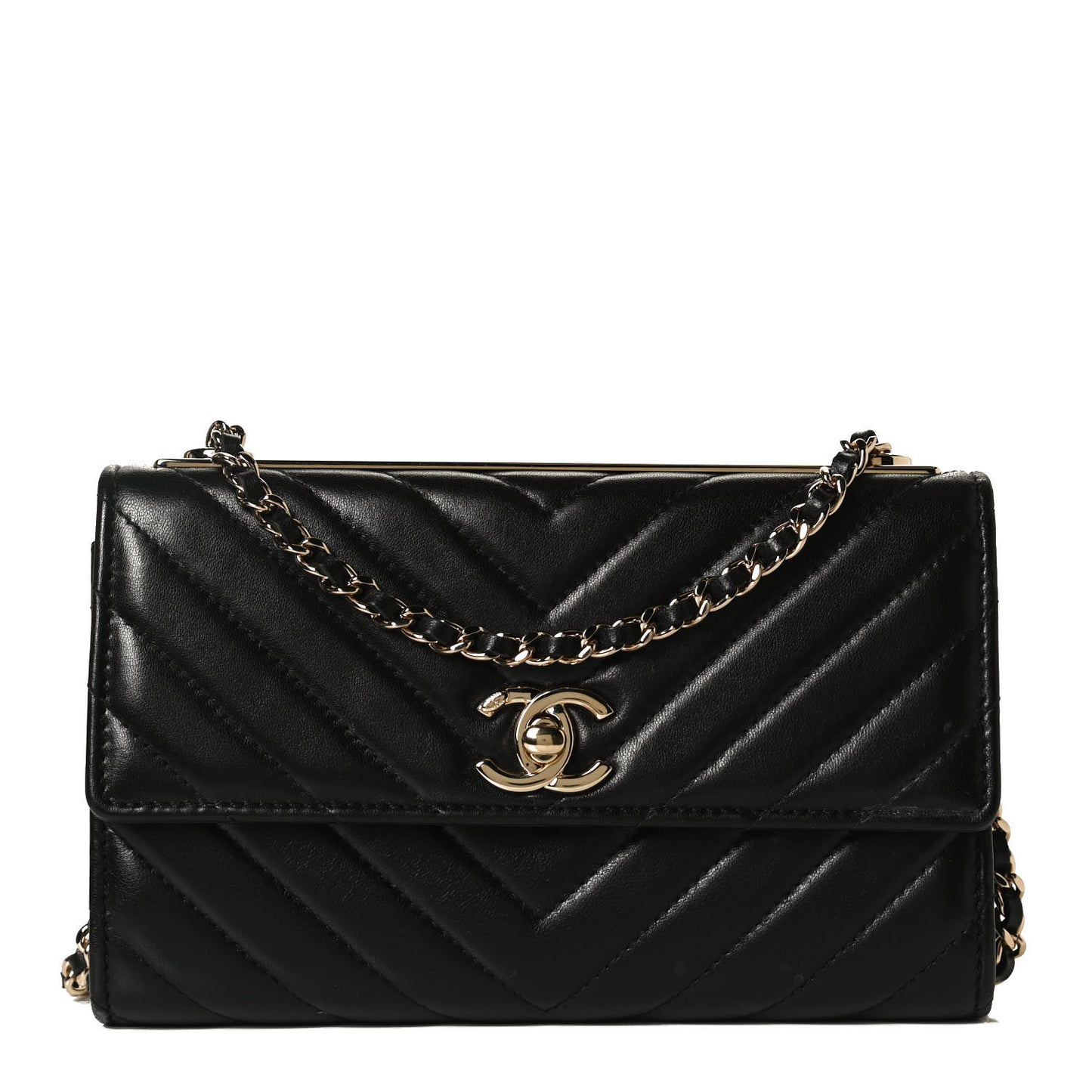 Lambskin Chevron Quilted Trendy CC Wallet On Chain WOC Black