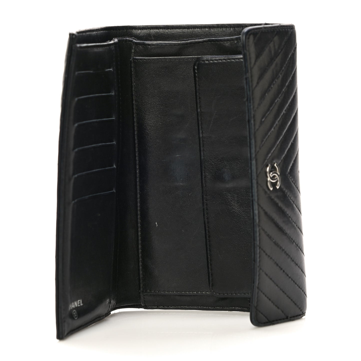Lambskin Chevron Quilted Large Flap Clutch Wallet Black